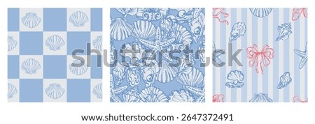 Blue Coastal Seamless Pattern Set with Seashells, Underwater creatures, Starfish on striped and Checkered Backgrounds. La dolce vita themed inspired by Summer Italian aesthetic. Vintage Marine designs