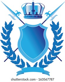 Blue coat of arms, shield with crown and axe