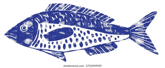 Blue cobalt linocut fish vector illustration: vintage woodcut marine animal icon for nautical sea ocean design. Single hand drawn ink stamp mackerel with spotted pattern, motif and crosshatch texture