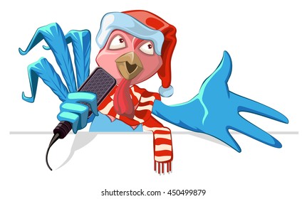 Blue cock symbol 2017. Rooster in santa hat singing into microphone song. Vector cartoon illustration