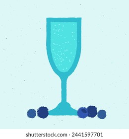 Blue cocktail with berries and blueberries. Mocktail with bubbles and soda. Alcohol drink for bar. Cold soft liquid in stemware glass. Non-alcoholic beverage. Flat vector illustration with texture