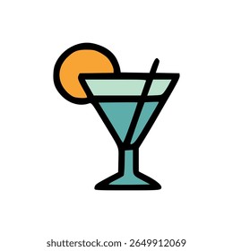 Blue cocktail glass with orange slice and straw icon representing refreshing tropical alcoholic or nonalcoholic summer drink