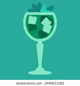 Blue cocktail with ice cubes, soda and gin tonic. Refreshing mocktail. Alcohol drink for bar. Cold soft liquid in stemware glass. Non-alcoholic beverage. Flat vector illustration with texture