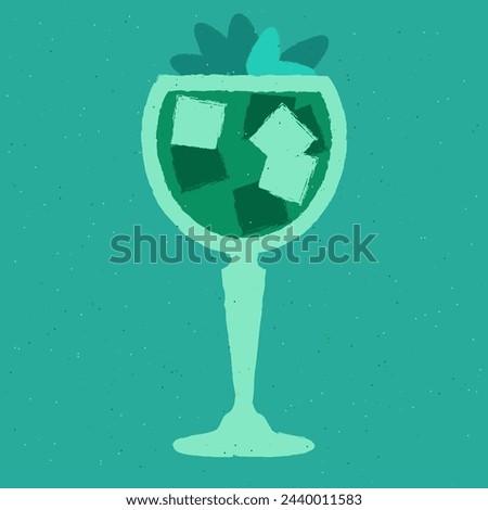 Blue cocktail with ice cubes, soda and gin tonic. Refreshing mocktail. Alcohol drink for bar. Cold soft liquid in stemware glass. Non-alcoholic beverage. Flat vector illustration with texture