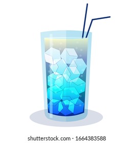 Blue cocktail with ice in vector design. Graphic illustration, party relax concept. Isolated on white background. Can be used for menu