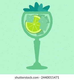 Cóctel azul con limón, gaseosa y gin tonic. Refrescante cóctel. Laguna Azul. Bebida alcohólica para el bar. Líquido suave en frío en vidrio de vapor. Bebida sin alcohol. Ilustración vectorial plana con textura