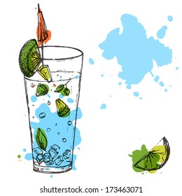 Blue cocktail with lime and mint. Vector hand drawn illustration of long drink.