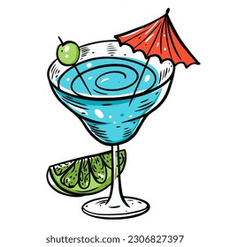 Blue cocktail with olive and umbrella vector illustration