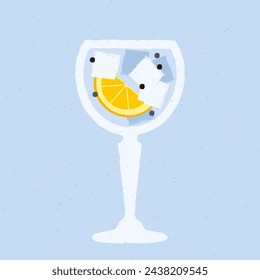 Blue cocktail with orange, peppercorns. Spicy drink. Gin tonic in stemware glass. Alcohol drink for bar. Cold liquid in wine glass. Non-alcoholic beverage. Flat vector illustration with texture