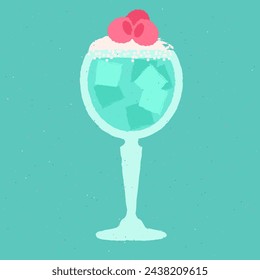 Blue cocktail with raspberries, cream, and ice cubes. Milkshake. Alcohol drink for bar. Cold soft liquid in stemware glass. Non-alcoholic beverage. Flat vector illustration with texture