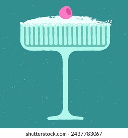 Blue cocktail with raspberries and cream. Refreshing mocktail. Milkshake. Alcohol drink for events. Cold soft liquid in margarita glass. Non-alcoholic beverage. Flat vector illustration with texture