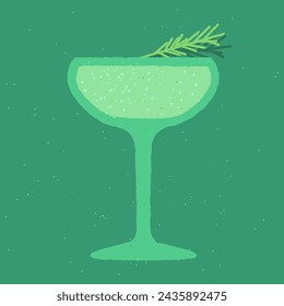 Blue cocktail with rosemary and bubble drink. Refreshing mocktail. Soda and gin tonic in a margarita glass. Alcohol drink for events. Non-alcoholic beverage. Flat vector illustration with texture