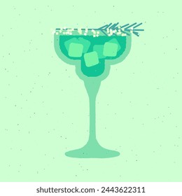 Blue cocktail with rosemary and ice cubes. Refreshing mocktail. Soda and gin tonic in a margarita glass. Alcohol drink for bar. Non-alcoholic beverage. Flat vector illustration with texture