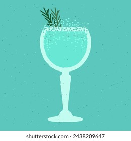 Blue cocktail with rosemary. Refreshing mocktail. Blue Lagoon. Alcohol drink for bar. Cold soft liquid in stemware glass. Goblet glass. Non-alcoholic beverage. Flat vector illustration with texture