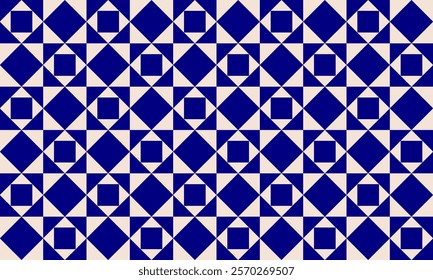 Blue and coconut beige turbine, star, diamond, square triangle, strip patchwork pattern repeat seamless design for fabric printing design