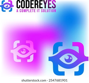 Diseño de logotipo de codificación azul con tirantes rizados y símbolo de ojo en el medio | Programación o desarrollo de software Diseño de logotipos