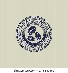 Blue coffee bean icon inside distress rubber grunge texture seal
