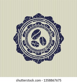 Blue coffee bean icon inside rubber grunge texture stamp