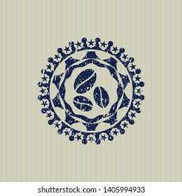 Blue coffee bean icon inside distress grunge style stamp
