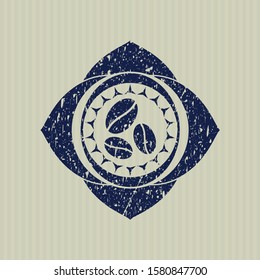 Blue coffee bean icon inside distressed rubber grunge seal