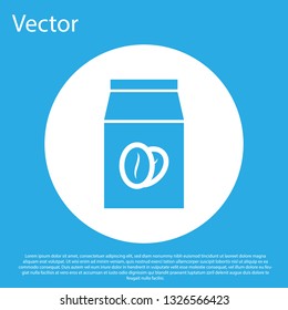 Blue Coffee beans in bag icon isolated on blue background. White circle button. Flat design. Vector Illustration