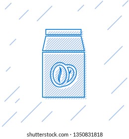 Blue Coffee beans in bag line icon isolated on white background. Vector Illustration