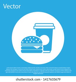 Blue Coffee and burger icon isolated on blue background. Fast food symbol. White circle button. Vector Illustration