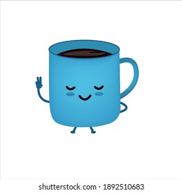 Carácter de taza de café azul. Levanta la mano con el número dos.