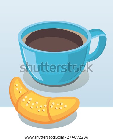 Blue coffee cup and a croissant.