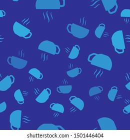 Blue Coffee cup flat icon isolated seamless pattern on blue background. Tea cup. Hot drink coffee.  Vector Illustration