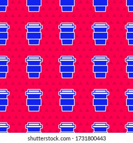 Blue Coffee cup to go icon isolated seamless pattern on red background.  Vector Illustration