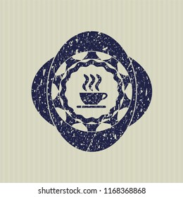 Blue coffee cup icon inside distress rubber grunge texture seal