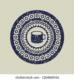 Blue coffee cup icon inside distress grunge stamp