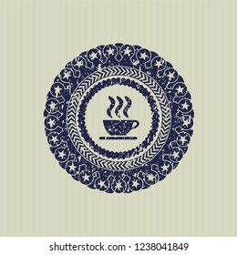 Blue coffee cup icon inside distressed rubber grunge texture seal