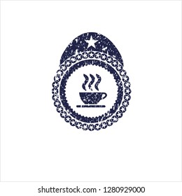 Blue coffee cup icon inside distress rubber grunge seal