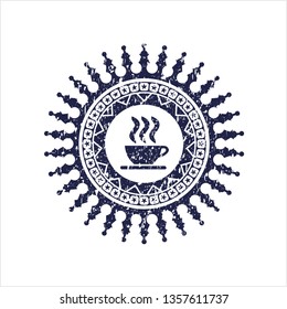 Blue coffee cup icon inside rubber grunge texture stamp