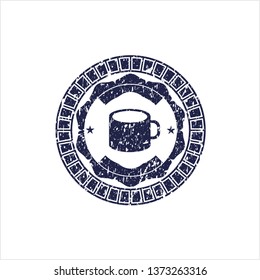 Blue coffee cup icon inside distress with rubber seal texture