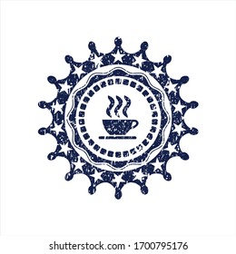 Blue coffee cup icon inside rubber grunge texture seal