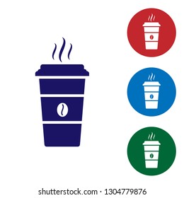 Blue Coffee cup icon isolated on white background. Disposable coffee cup with hot coffee. Set color icon in circle buttons. Vector Illustration