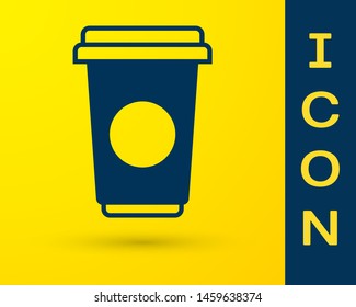 Blue Coffee cup icon isolated on yellow background. Disposable coffee cup with hot coffee. Vector Illustration