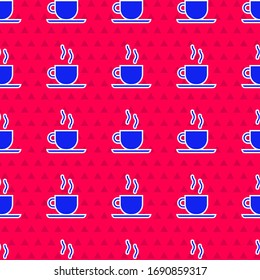 Blue Coffee cup icon isolated seamless pattern on red background. Tea cup. Hot drink coffee.  Vector Illustration