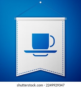 Blue Coffee cup icon isolated on blue background. Tea cup. Hot drink coffee. White pennant template. Vector