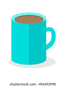 Blue coffee cup isolated on white. Hot strong coffe beverage. Icon symbol of energetic drink. Tea, cacao, espresso americano in mug with handle. Make pause in the office work. Refreshing drink. Vector