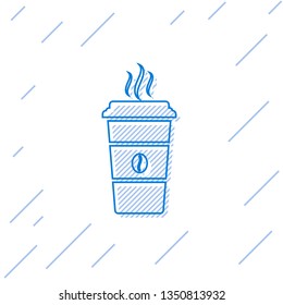 Blue Coffee cup line icon isolated on white background. Disposable coffee cup with hot coffee. Vector Illustration