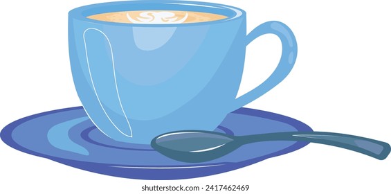 Blue coffee cup with saucer and spoon, hot beverage with steam. Cozy morning coffee break vector illustration.