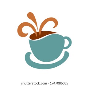 Blue coffee cup with spilling coffee vector icon.