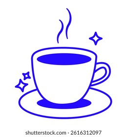 A blue coffee cup with steam rising from it is placed on a blue plate. The cup is filled with coffee