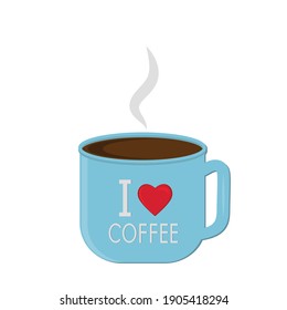 taza de café azul con el texto me encanta el café, color vectorial ilustración aislada en un estilo plano sobre un fondo blanco, icono, diseño, decoración, clipart, scrapbooking