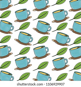 blue coffee cups on dishes mint leaves background