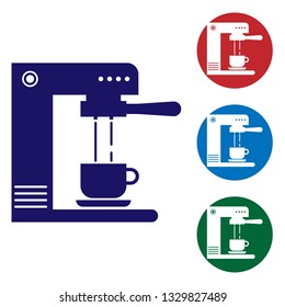 Blue Coffee machine and coffee cup icon isolated on white background. Set color icon in circle buttons. Vector Illustration